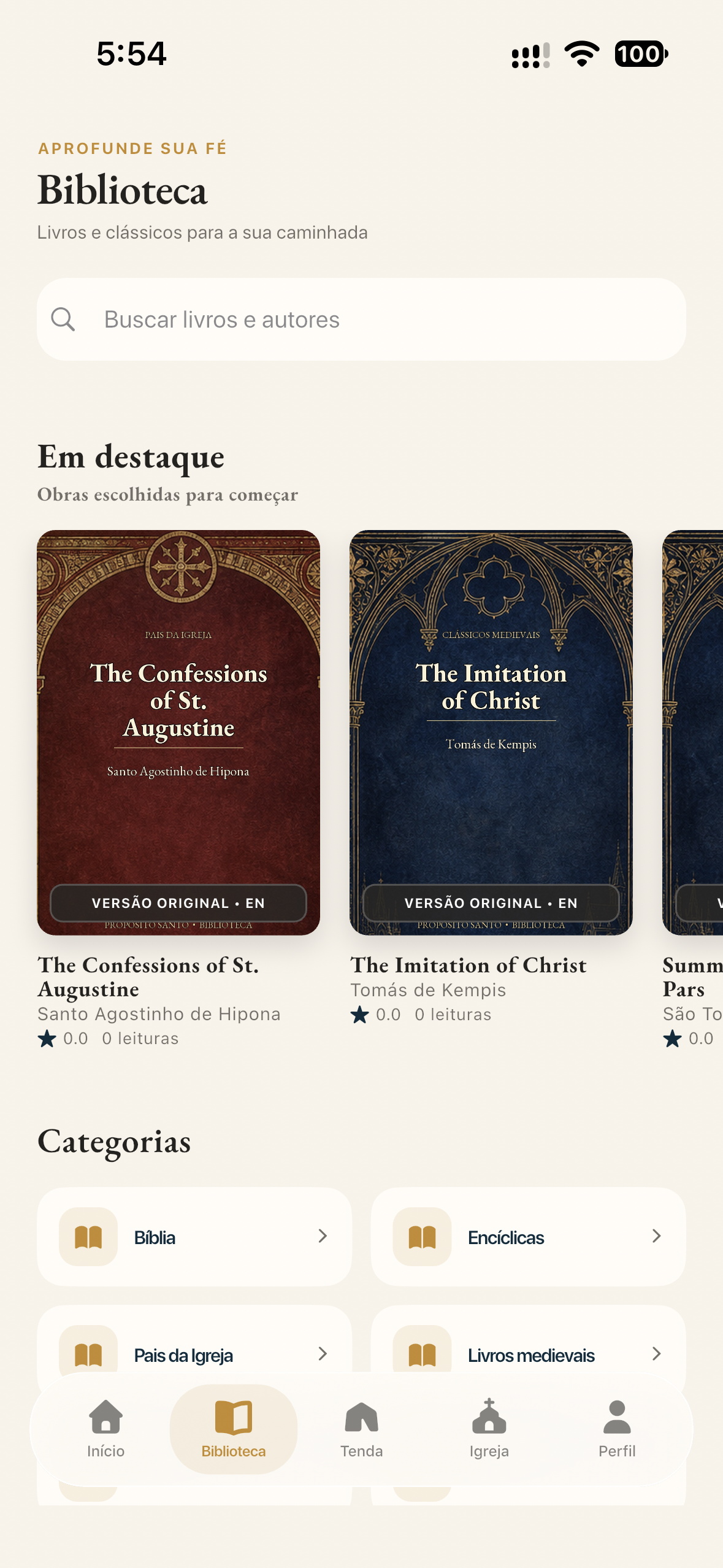 Tela da Biblioteca do app Propósito Santo