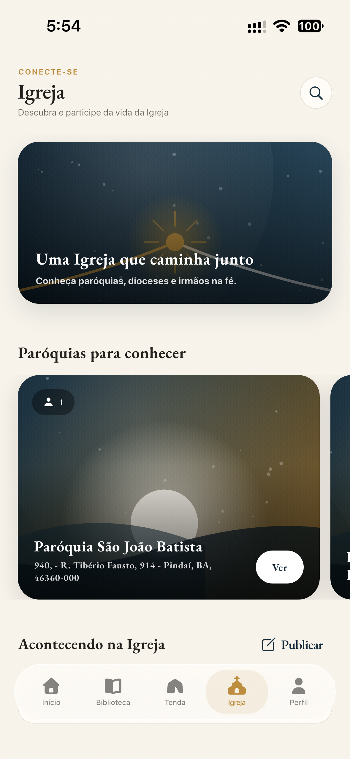 Tela de Igreja do app Propósito Santo