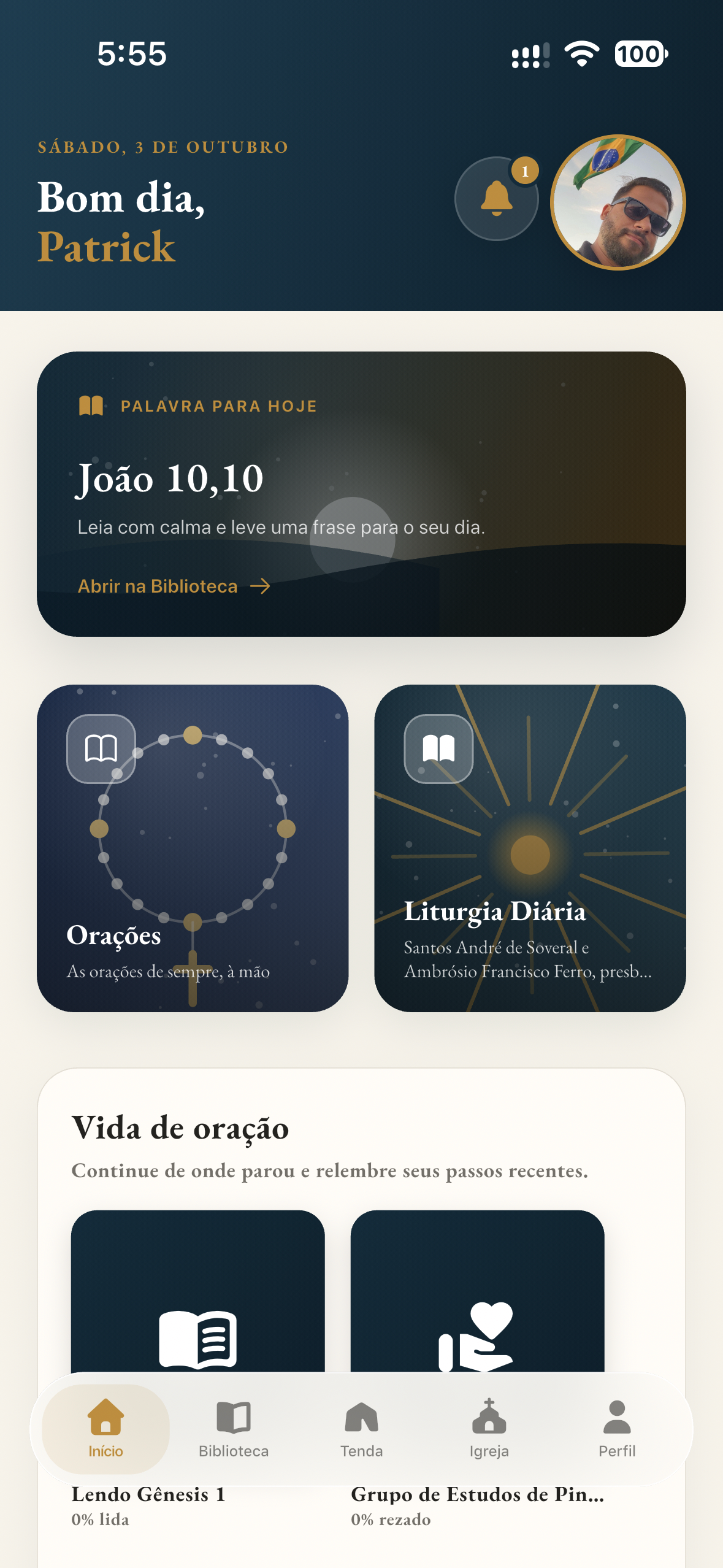 Tela inicial do app Propósito Santo